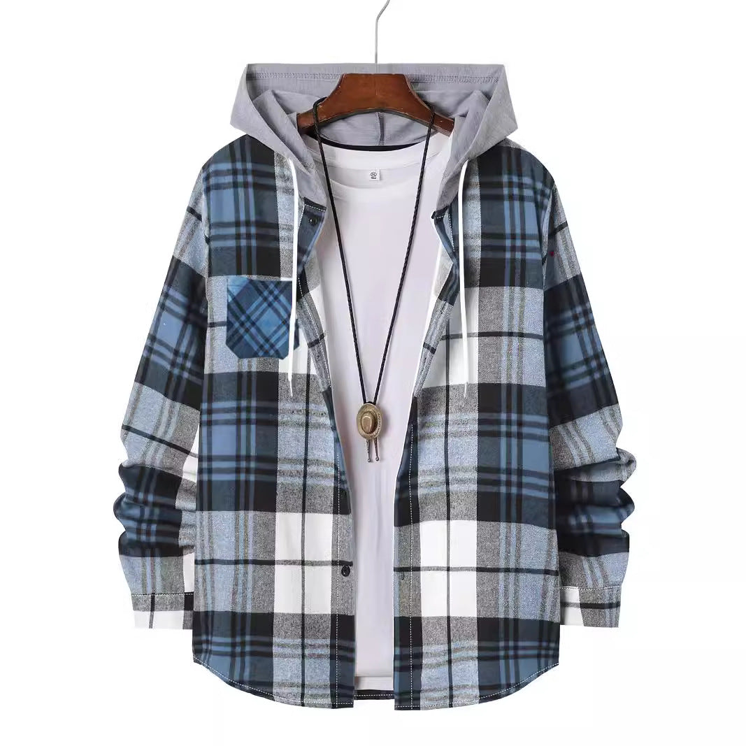 Herren Flanellhemd Karo Kapuze Modern