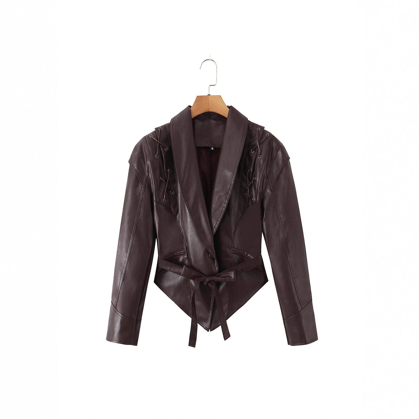 Damen Lederblazer Schnürung Modern Schwarz