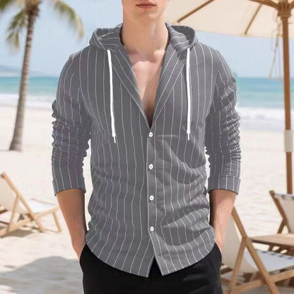 Herren Strickhemd Kapuze Streifenmuster Casual