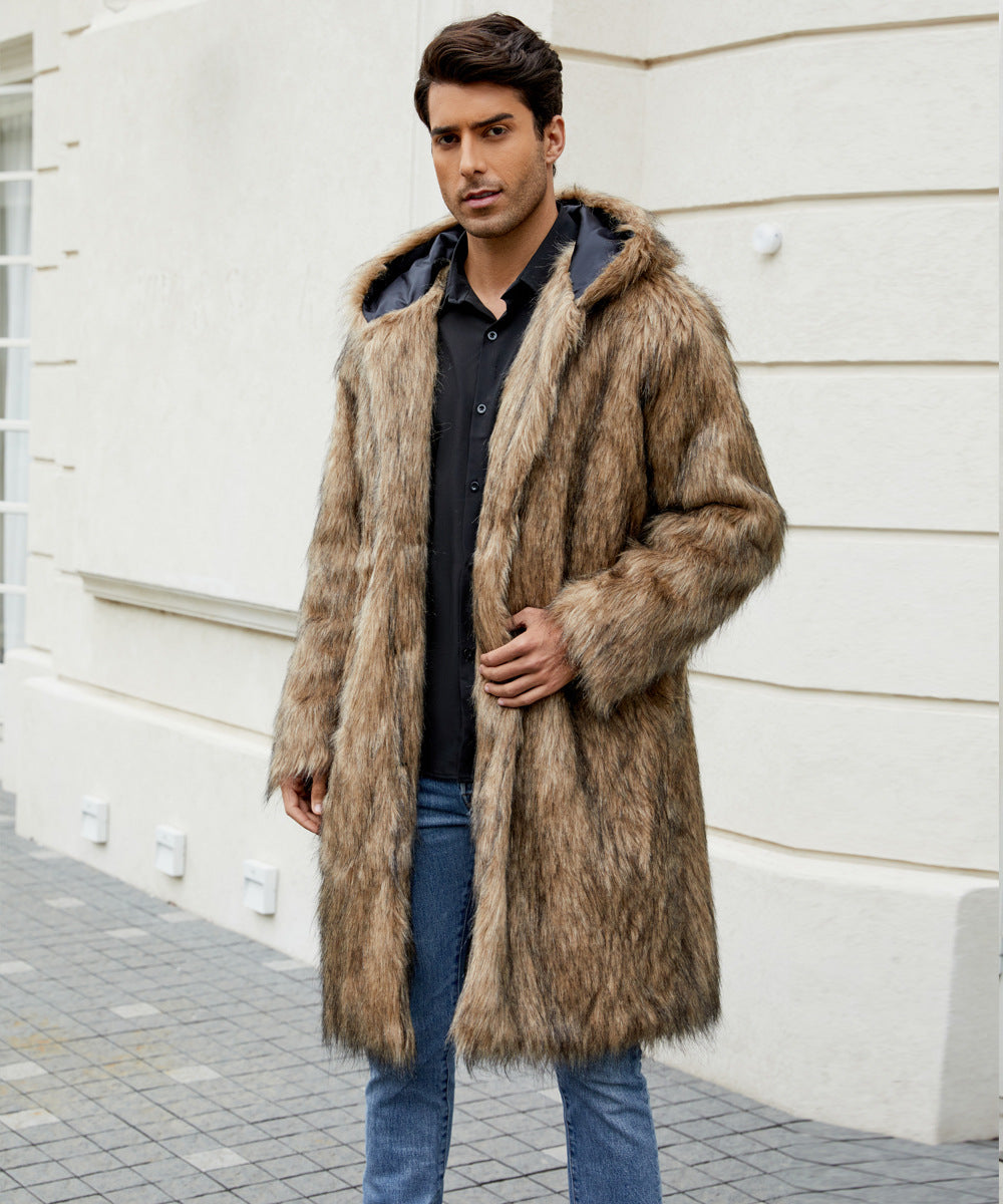 Herren Kunstfellmantel mit Kapuze Luxus Wintermantel