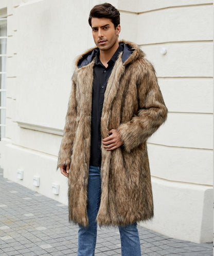 Herren Kunstfellmantel mit Kapuze Luxus Wintermantel