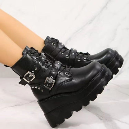 Damen Stiefeletten Wedge Absatz Schnalle Robust