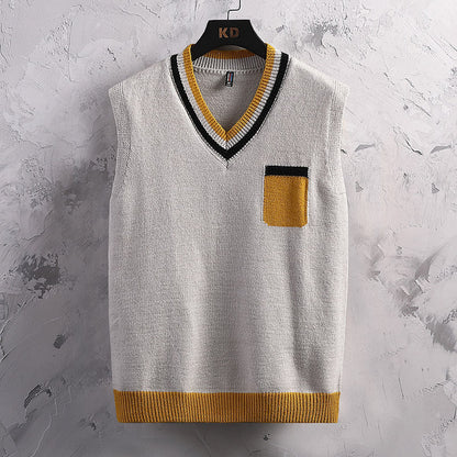 Herren Strickjacke Ärmellos V-Ausschnitt Farbblock Design Modern
