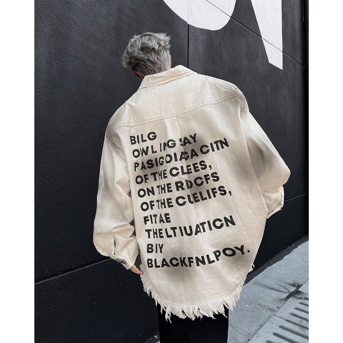 Herren Denimjacke Oversize mit Fransen und Grafik-Print Trendy