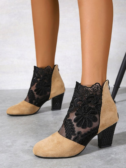 Damen Stiefeletten Spitze Schuhe Komfortabsatz Blockheel