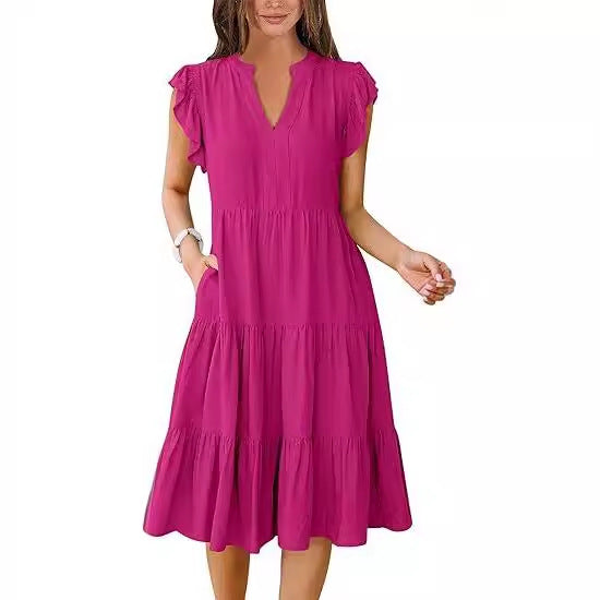 Damen Maxikleid mit Rüschendetails und Taschen Sommerkleid