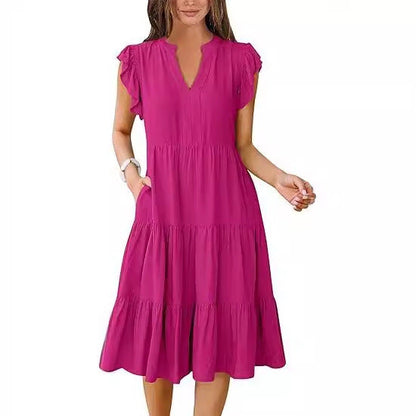 Damen Maxikleid mit Rüschendetails und Taschen Sommerkleid