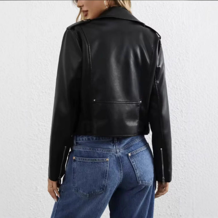 Leder Bikerjacke Damen Schnallenverschluss Schwarz