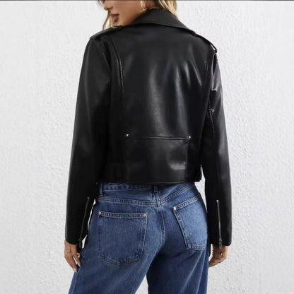 Leder Bikerjacke Damen Schnallenverschluss Schwarz