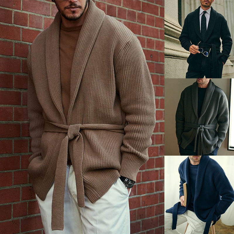 Herren Strickcardigan Modern mit Gürtel Tiefkragen - BerlinGlamour