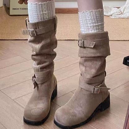 Damen Stiefel Elegante Blockabsatz Schnallenverschluss Schwarz