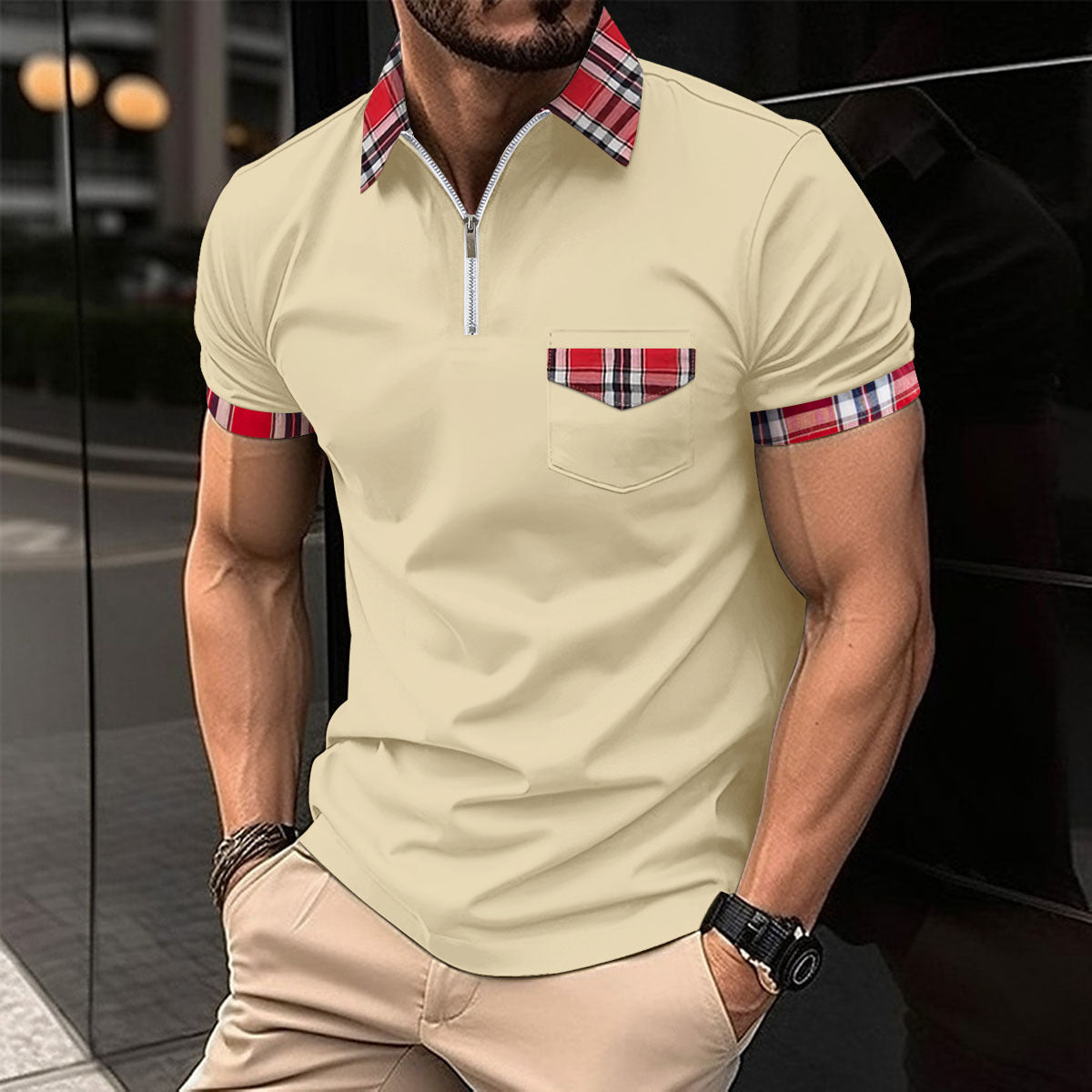 Herren Polohemd Karomuster Modern mit Reißverschluss - BerlinGlamour