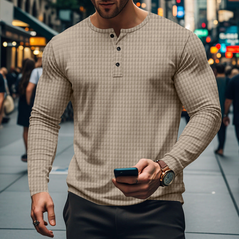 Herren Langarmshirt mit Knopfkragen und Struktur Optik Modern