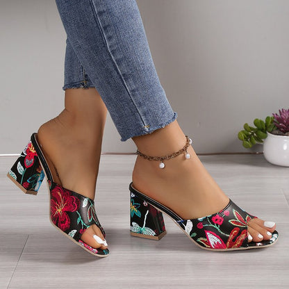 Damen Mules mit Blumenmuster und Komfortabsatz