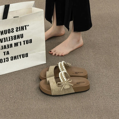 Damen Pantoletten Weich Bequem Perlen Riemen