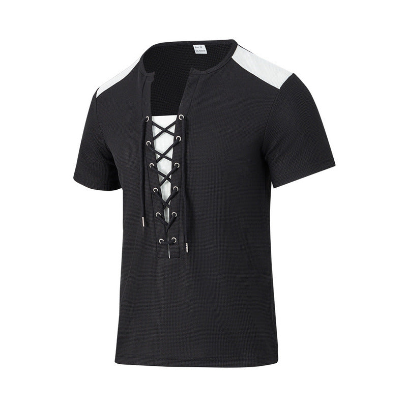 Herren T-Shirt Kurzarm Henley atmungsaktiv Schnürdetail