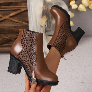 Damen Stiefeletten Hoch Modisch Glänzend mit Blockabsatz