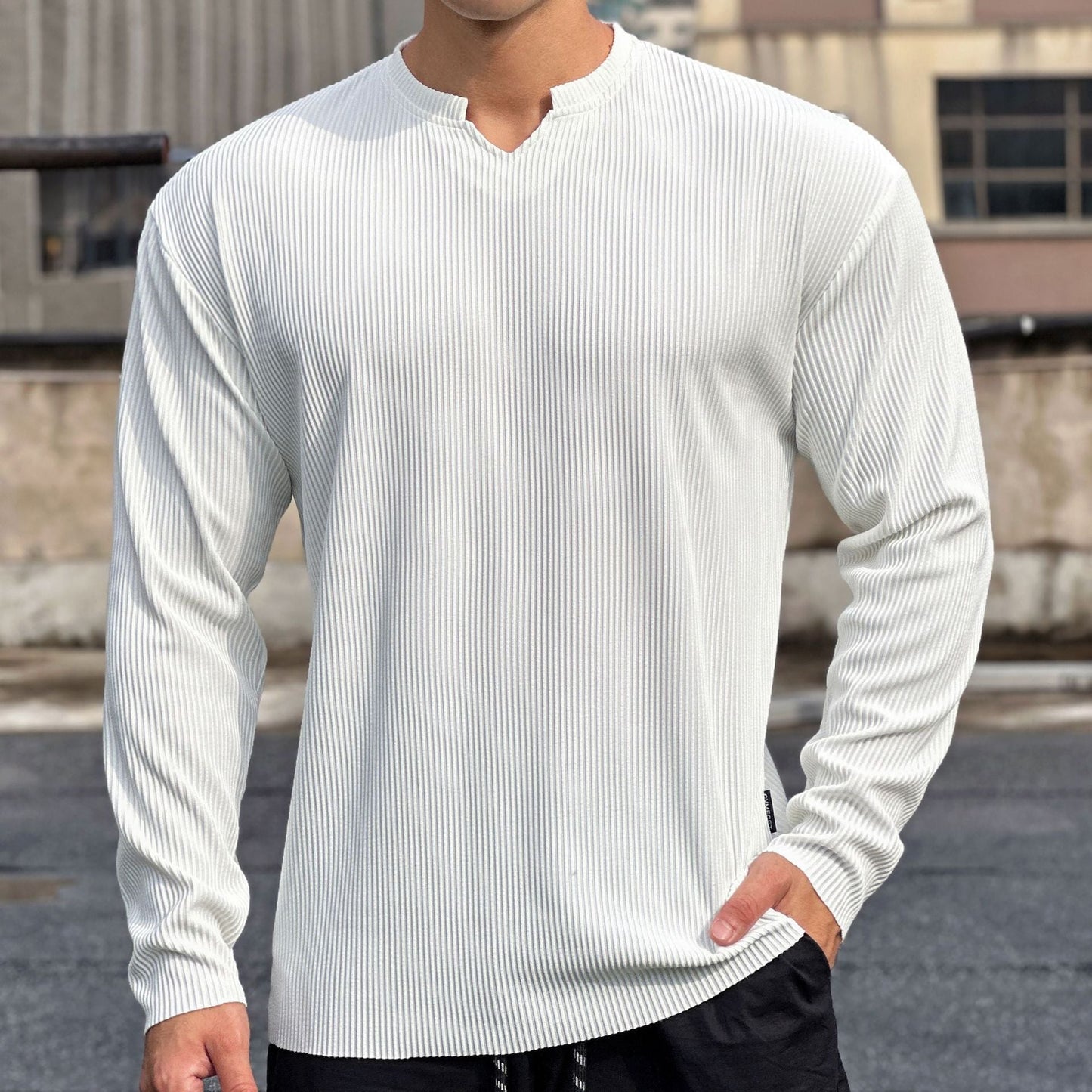 Herren Langarmshirt Stehkragen Modern Rippdesign