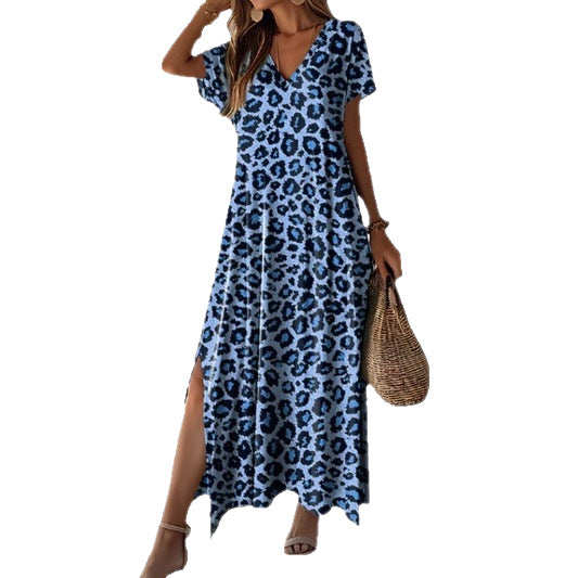 Damen Maxikleid Leopardenmuster V-Ausschnitt Schlicht