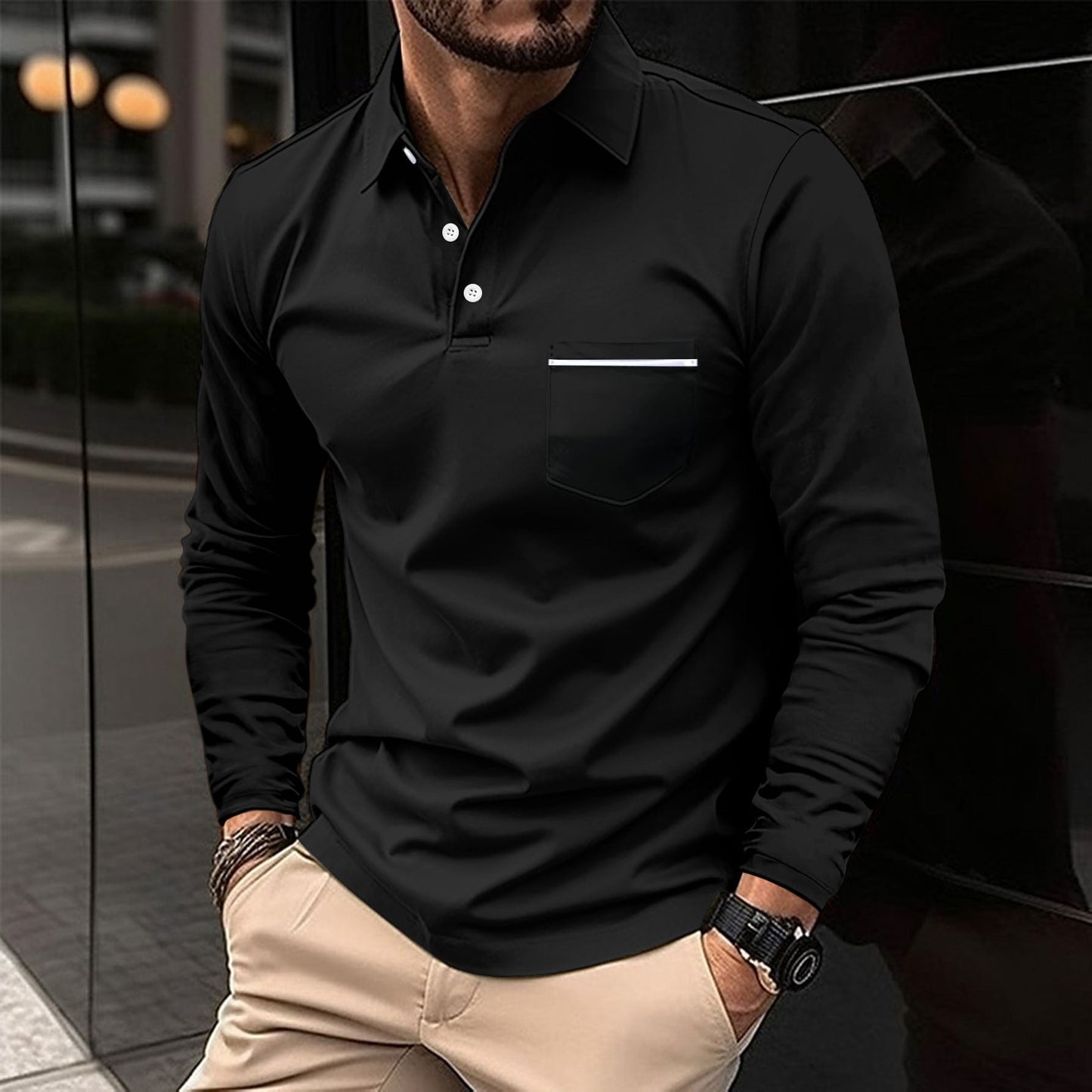 Herren Poloshirt Langarm Stehkragen mit Brusttasche Modern