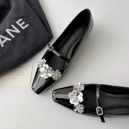 Damen Ballerinas Mit Blumenmuster Glänzend