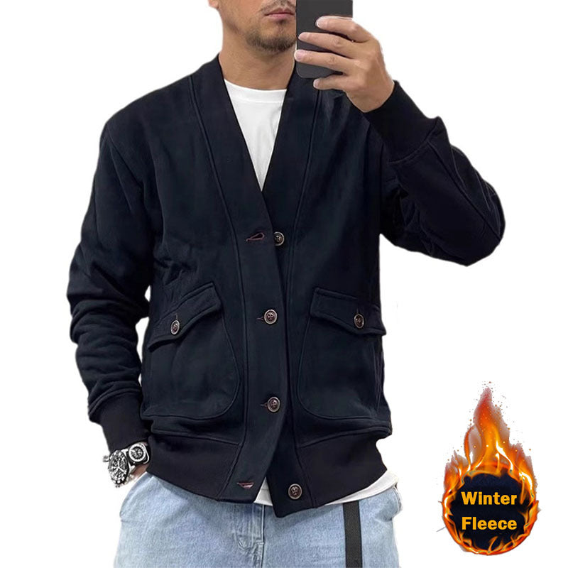 Herren Fleecejacke Warm mit Knöpfen und Taschen