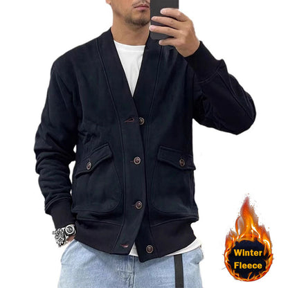 Herren Fleecejacke Warm mit Knöpfen und Taschen