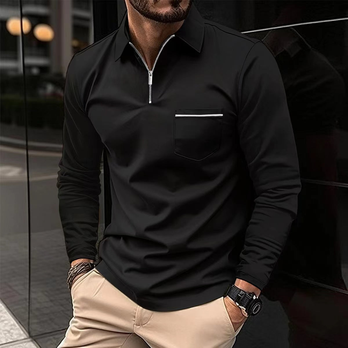 Herren Langarmhemd Modern mit Reißverschluss und Brusttasche