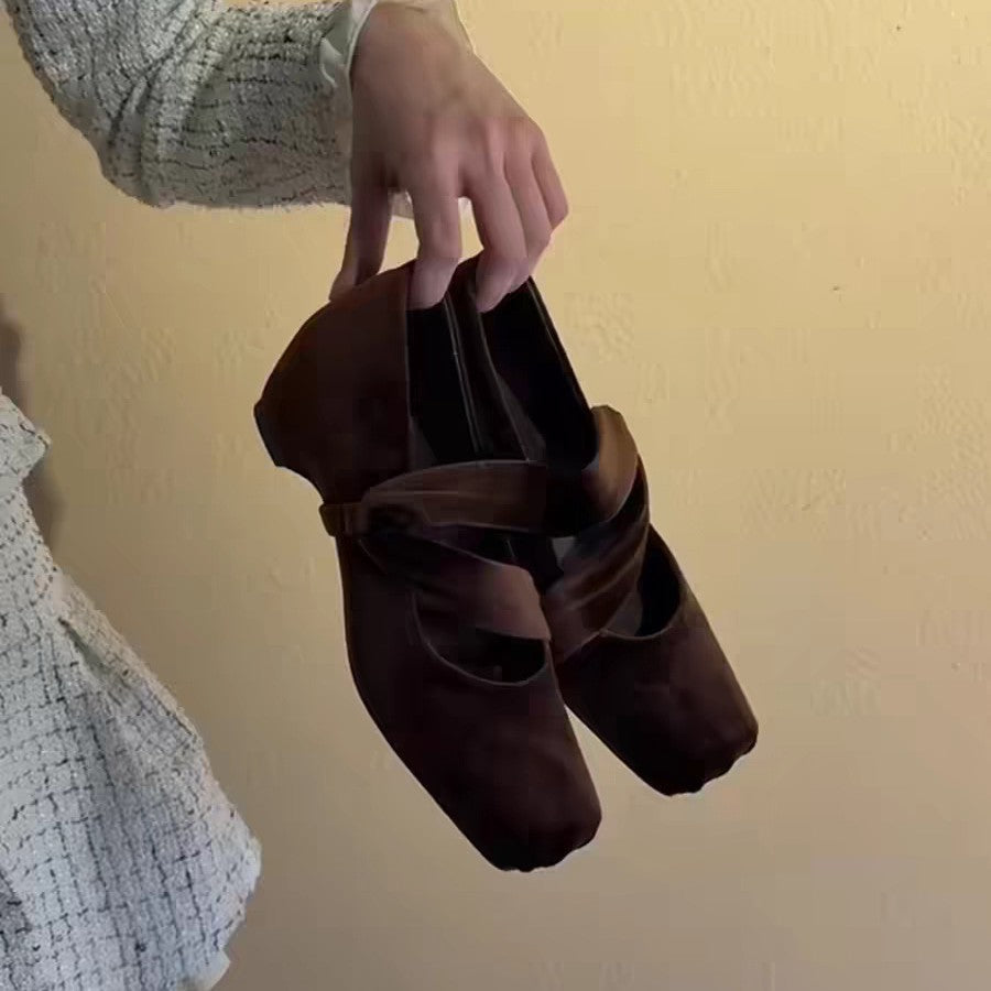 Damen Ballerinas Elegante Veloursleder Schuhe Mit Kreuzriemen