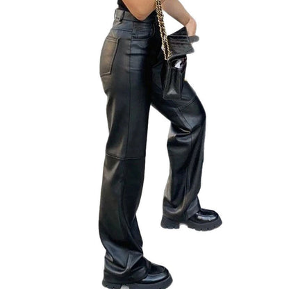 Damen Hose Kunstleder Weitbein Elegant Schwarz