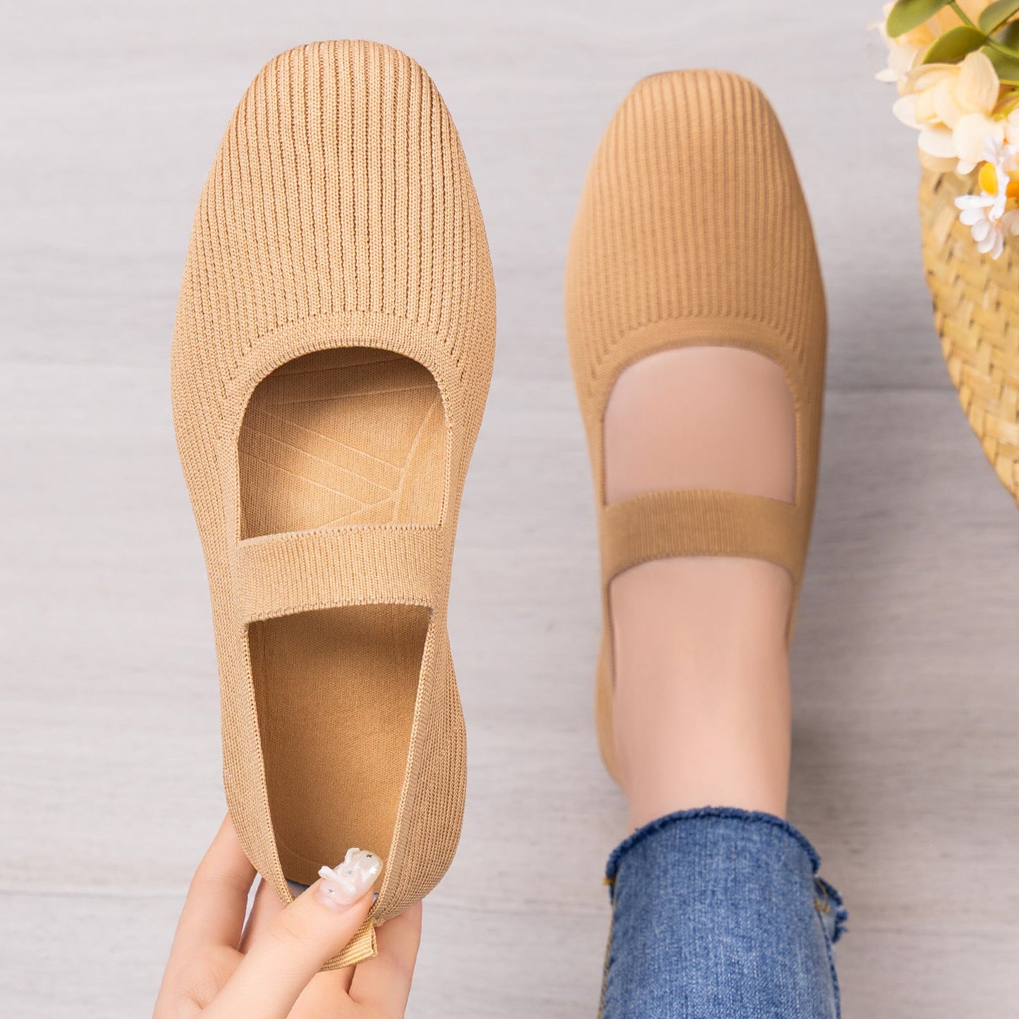 Damen Ballerinas Bequem Strick Elastisch