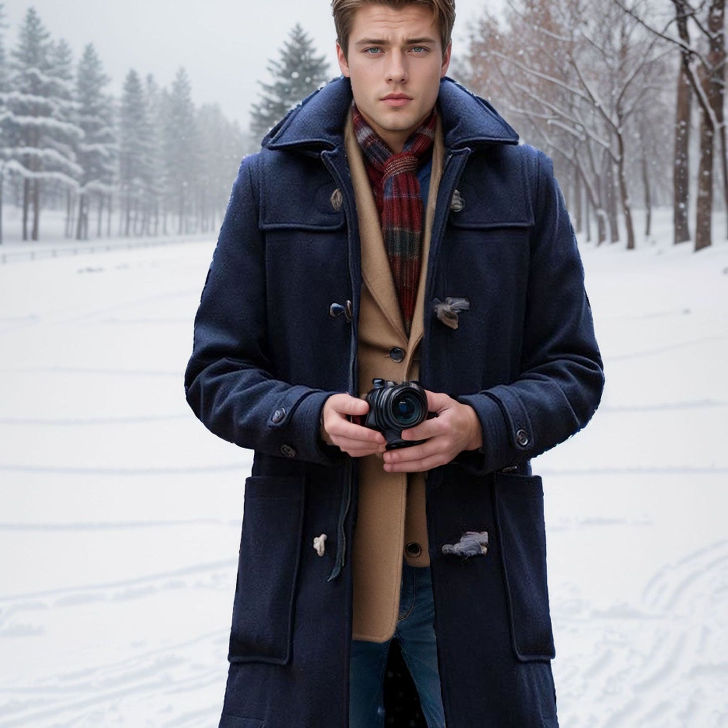 Herren Dufflecoat Wintermantel Wolle Kapuze Knöpfe Elegant