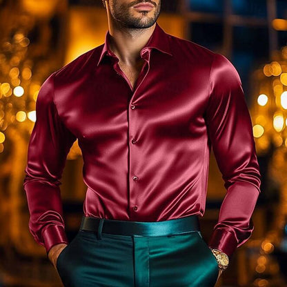 Herren Seidenhemd Langarm Elegant Tailliert Glänzend