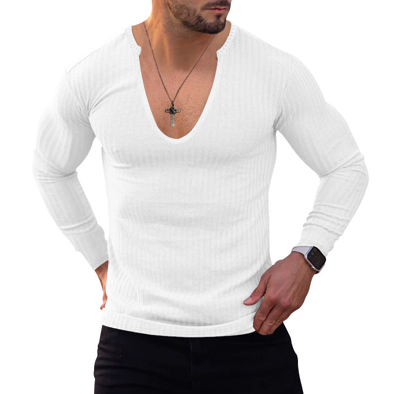 Herren Langarmshirt V-Ausschnitt Feine Rippstruktur Modern
