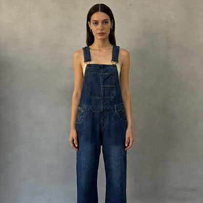 Damen Latzhose Jeans Weites Bein Tiefes Dekolleté