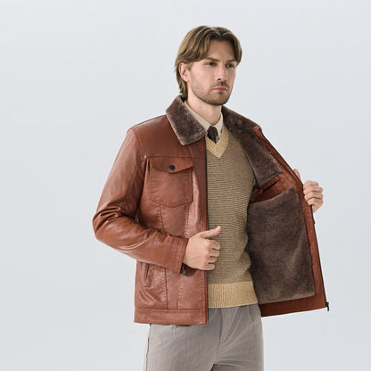 Herren Lederjacke Elegante Fleece Kragen Schwarz