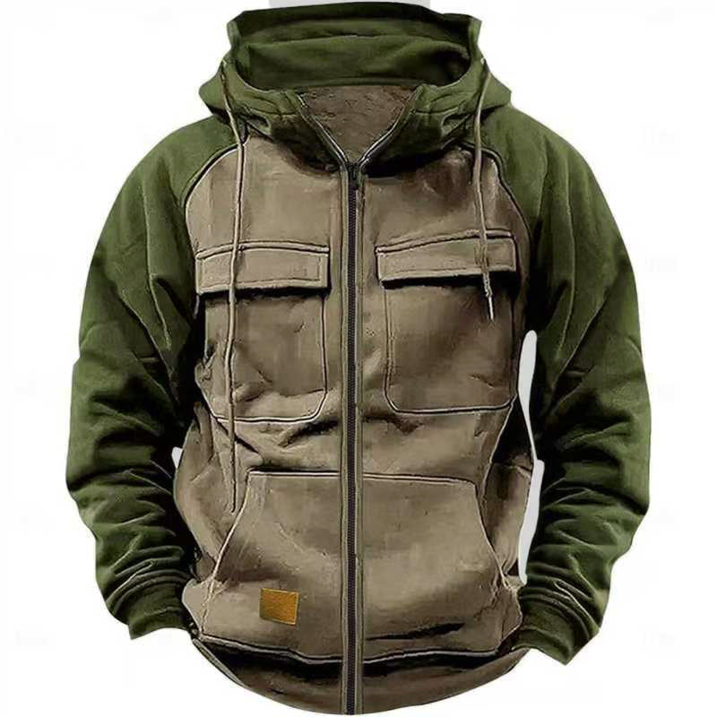 Herren Fleecejacke Kapuze Taschen Outdoor Warm
