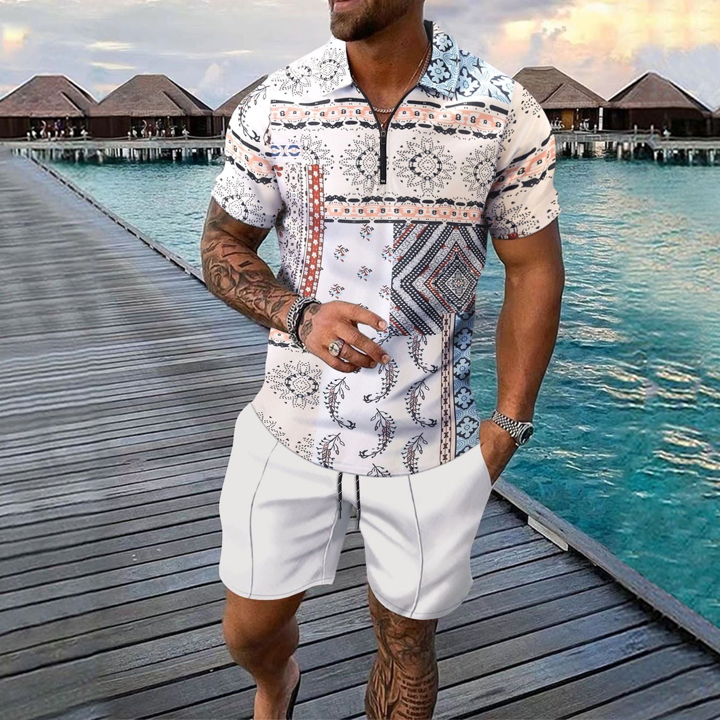 Herren Strandoutfit Kurze Hosen Mit Grafik-Print Sommer
