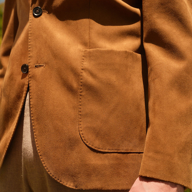 Herren Wildlederanzug Elegant Lederanzug mit Revers und Taschen