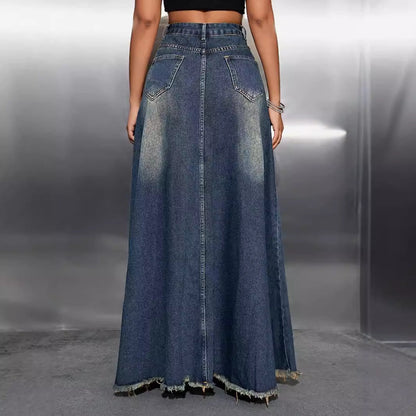 Damen Jeansrock Lang Fransig Größe 34-42