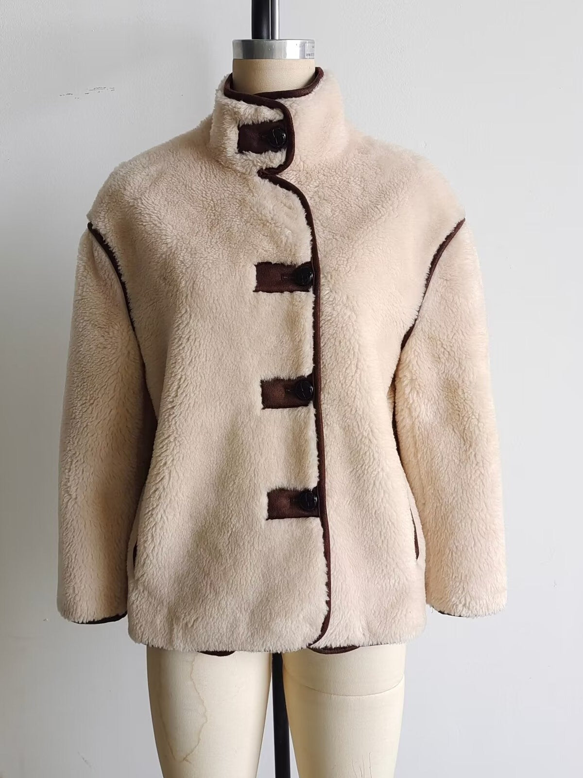 Damen Teddyjacke Stehkragen mit Taschen Warme Winterjacke