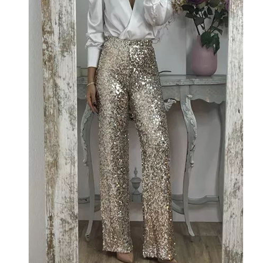 Glitzernde Damen Palazzo Hose Hochwertig Weite Bein