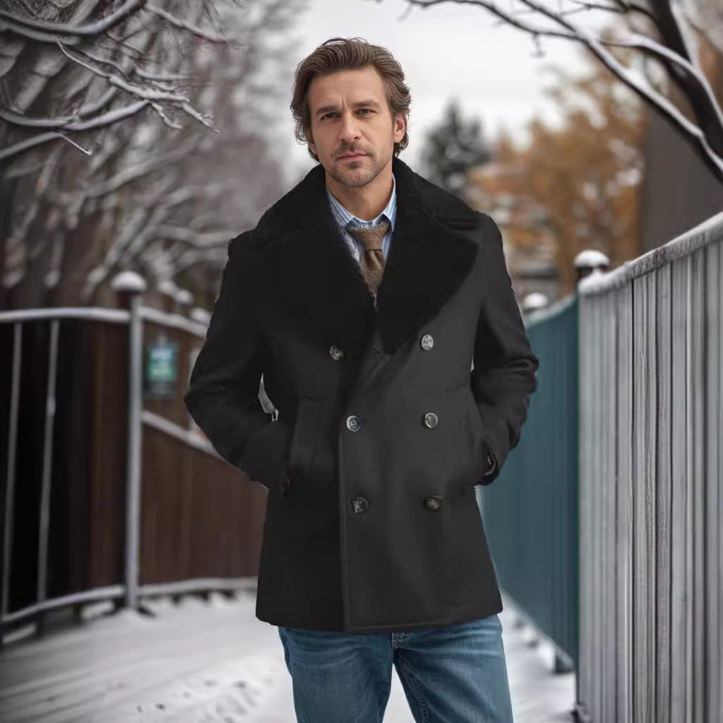Herren Wollmantel Modern mit Kontrastkragen Schwarz