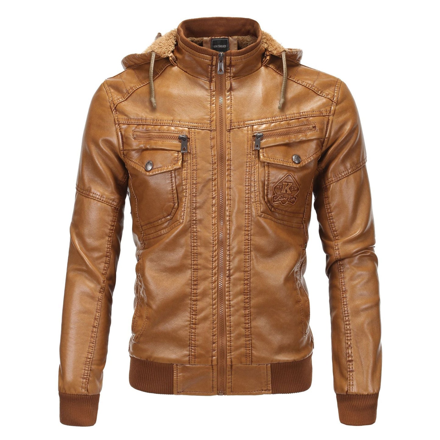 Herren Lederjacke Mit Kapuze Fleece Schwarz