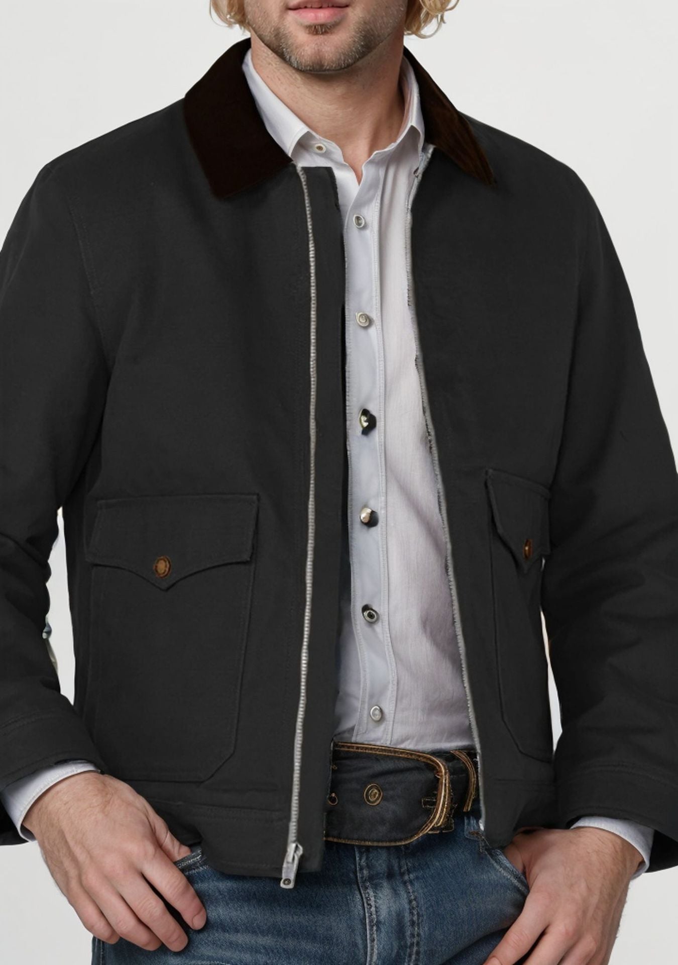 Ein eleganter und robuster Baumwolljacke mit wärmantellähnlichem Kragen Berlin-Glamour.