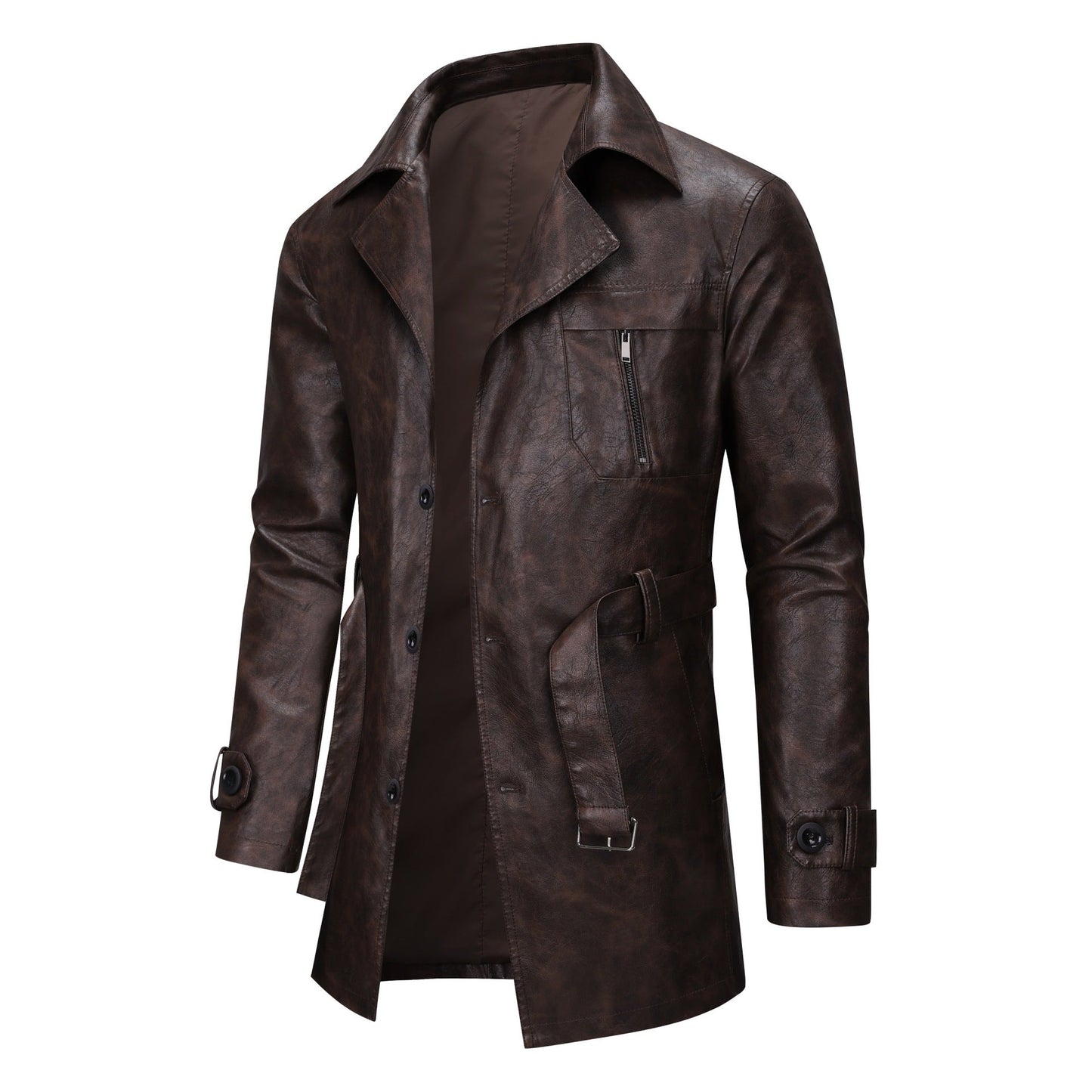 Herren Lederjacke Modern mit Gürtel und Taschen Schwarz