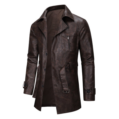 Herren Lederjacke Modern mit Gürtel und Taschen Schwarz