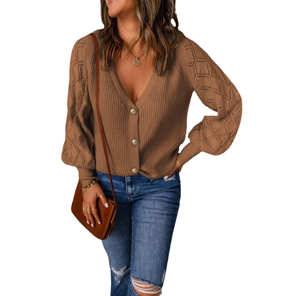 Frauen Strickjacke V-Ausschnitt Puffärmel Modern