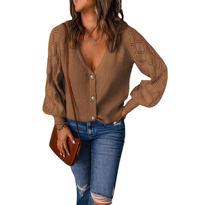 Frauen Strickjacke V-Ausschnitt Puffärmel Modern