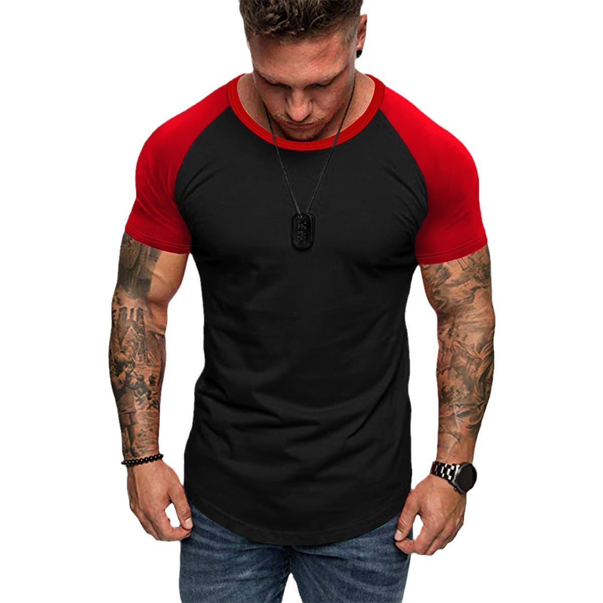 Herren Rundhalsshirt Slim Fit Kontrast Ärmel Modern